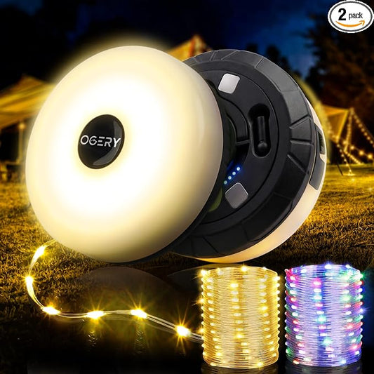 OGERY 2-Pack Camping String Lights, 32.8FT Rechargeable Christmas String Lights Outdoor/Indoor, 8 Modes 4-in-1 Quick Storage Fairy Lights Portable Lamp for Xmas Tree Decor Party Camping Essentials