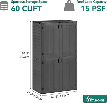 YITAHOME 60 cu ft Tall Outdoor Storage Shed w/o Shelf, Resin Vertical Outdoor Storage Shed, Large Waterproof Storage Cabinet for Garage, Poolside, and Garden (Dark Gray + Black)