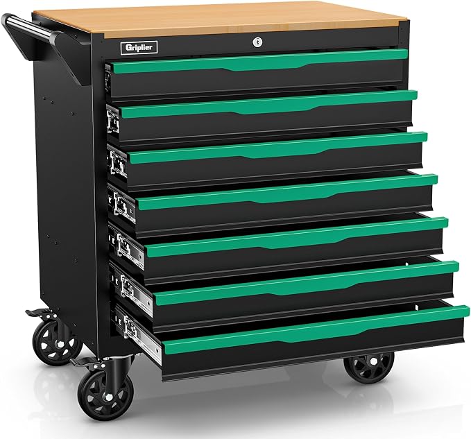 7-Drawer Tool Chest with Wood Top, 31.3W x 18.9D x 32.3H inches, Black and Green，Locking Rolling Tool Box with Wheels,Mechanic Tool Cabinets for Garage, Warehouse,Repair Shop(7 Drawers)