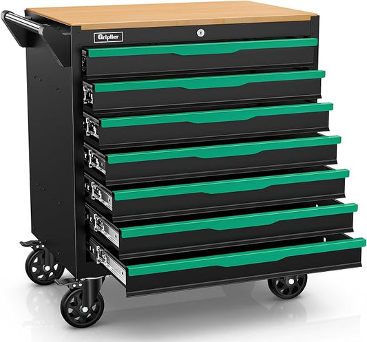 7-Drawer Tool Chest with Wood Top, 31.3W x 18.9D x 32.3H inches, Black and Green，Locking Rolling Tool Box with Wheels,Mechanic Tool Cabinets for Garage, Warehouse,Repair Shop(7 Drawers)