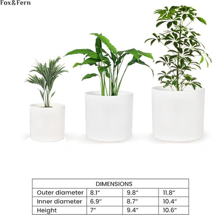 Fox & Fern Large Indoor Planter, Modern Large Plant Pot for Indoor or Outdoor, UV and Frost Resistant - Set of 3: 8, 10, 11.8 Inch, White Flower Pot with Drainage Plug, Lightweight
