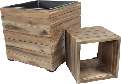 Sunnydaze Outdoor Wooden Planter Boxes - 2 Acacia Wood Square Plant Pots with Removable Liners - Anthracite Stain