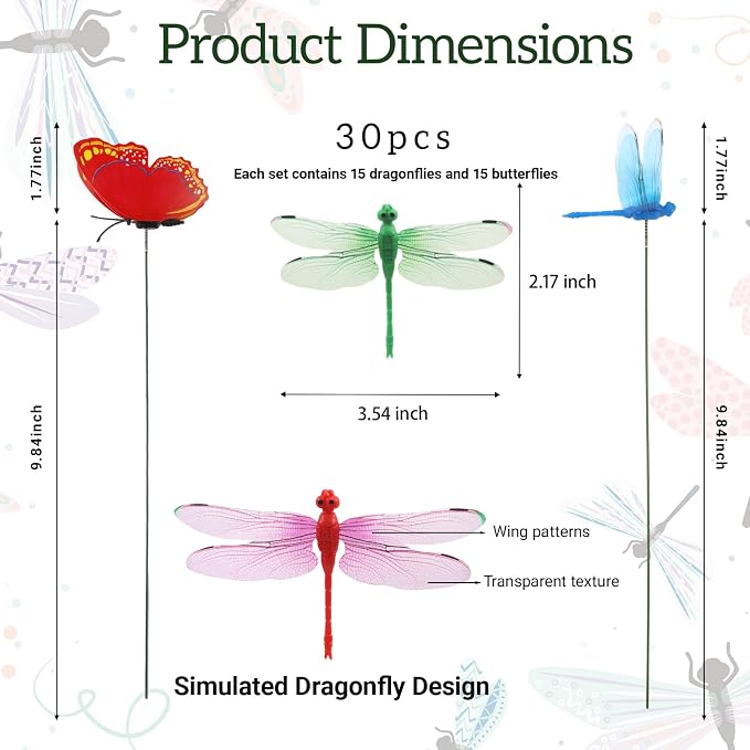 30PCS 3D Dragonfly Garden Stakes Butterfly Garden Stakes for Outdoor Decor | Waterproof Dragonfly Butterfly Decorative Garden Stakes for Flower Arrangements Outdoor Indoor Spring Garden Decor