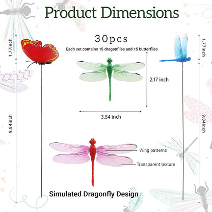30PCS 3D Dragonfly Garden Stakes Butterfly Garden Stakes for Outdoor Decor | Waterproof Dragonfly Butterfly Decorative Garden Stakes for Flower Arrangements Outdoor Indoor Spring Garden Decor
