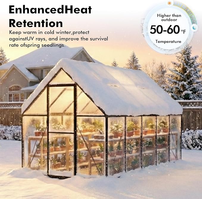 6X10FT Enhanced Aluminum Small Greenhouse for Outdoors with Thermometers | Easy Assembly, UV-Resistant Panels, Built-in Reinforcement, Lockable Sliding Door, Roof Vent, For Vegetable, Flower and Herb