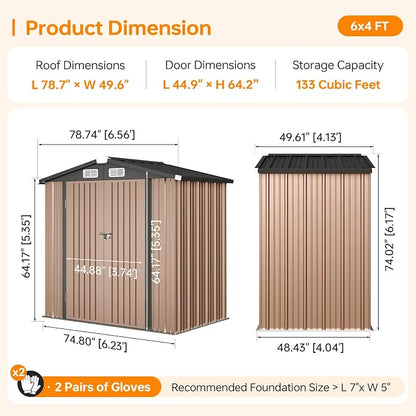 6x4FT Outdoor Storage Shed with Floor Brown | Metal Garden Tool Shed with Sloping Roof & Lockable Door for Patio Lawn Backyard
