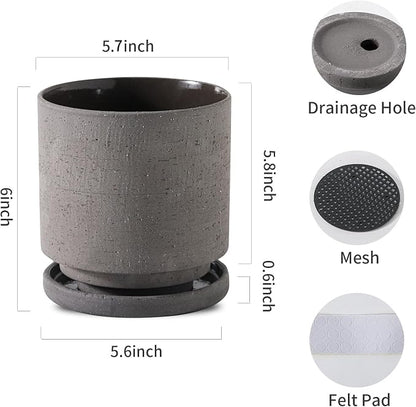 Nihow Ceramic Plant Pot Drainage Hole & Saucer for Indoor Plants, 5.7 Inch | Charcoal Gray, Cylinder Planters, Art Modem Design, Home Garden Patio Office