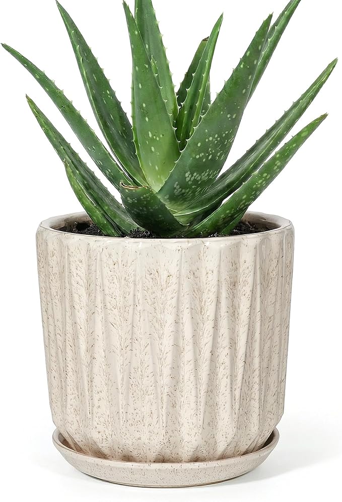 7.5 Inch Ceramic Planter Pot with Saucer Drainage Leak-Proof Mesh,Flower Pots for Indoor Plants with Gardening Gloves,Ceramic Planter (Silk White)