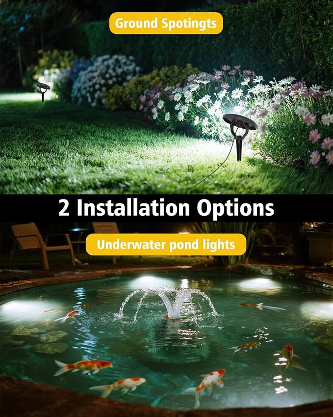 Solar Spot Lights Outdoor Waterproof IP68, 6000K Pond Lights | 3-in-1 LED Solar Landscape Lights, 2 Light Modes Path Lights for Underwater Pond Garden Yard Pathway