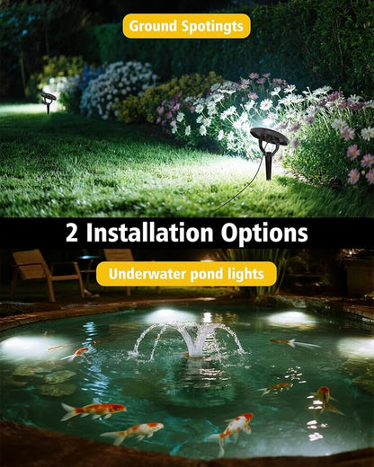 Solar Spot Lights Outdoor Waterproof IP68, 6000K Pond Lights | 3-in-1 LED Solar Landscape Lights, 2 Light Modes Path Lights for Underwater Pond Garden Yard Pathway