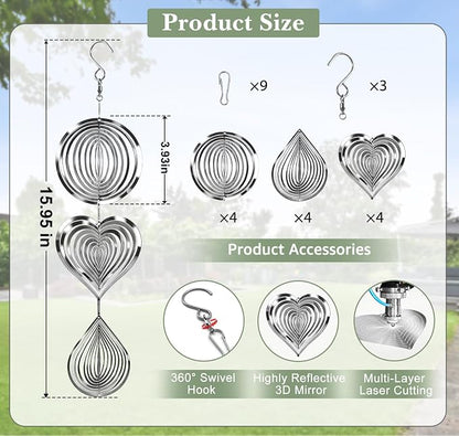 CHONOVO Stainless Steel Reflective Device, Round Bird Devices Set Highly Reflective 3D Wind Spinners Outdoor Garden Decor for Outside Window Roof Yard Orchards 12 Discs 4 Pcs