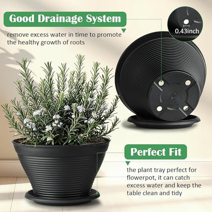 RooTrimmer 5 Pack 10 Inch Plant Pots with Saucers, Plastic Flower Pots with Drainage Holes, Large Planters for Indoor Outdoor Garden, House Plants, Flowers, Herbs, Gardening Gifts, Black