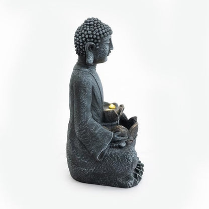 28'' Zen Buddha Water Fountain with LED Light and Pump, 2 Tier Polyresin Meditating Buddha Outdoor Fountain, Lighted Waterfall Statue for Garden Patio Backyard Indoor Decor