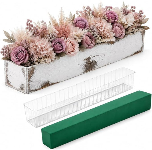 Dandat 1 Set Wood Boxes for Centerpieces 28x5 Inch Rectangle Wooden Planter Box Rustic Wooden Planters with Removable Plastic Liner Floral Foam Blocks for Christmas Wedding Home Garden Decor(White)