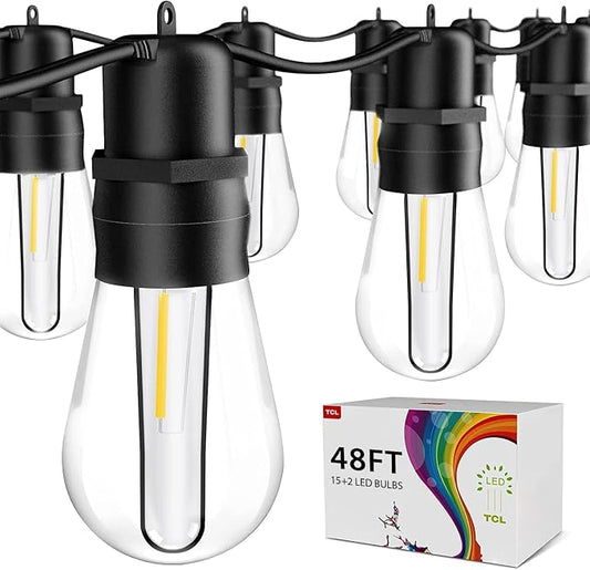 49FT LED Outdoor String Lights - Waterproof Patio & Backyard Cafe Lights with 15+2 Spare Bulbs