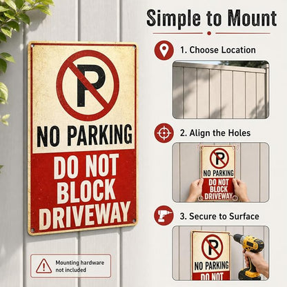 No Parking Tin Sign, 12 x 8 Inch Do Not Block Driveway Aluminum Metal Wall Decor, Vintage Parking Notice for Garage, Gate, Fence, Carport