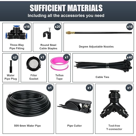 50ft Drip Irrigation System, Automatic Garden Watering System with 16 Adjustable Sprinkler Nozzles, Irrigation Hose Kit for Yard, Lawn, Plants, Atomizing System