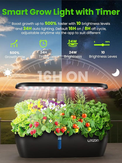 litokam Hydroponics Growing System Kit, 15-Pod Indoor Herb Garden Planter with 24W Grow Light & APP Control, Indoor Gardening System with 2 Grow Modes, Quiet Pump & 24H Timer