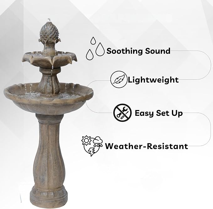 XBrand 44" Solar Powered Outdoor 2-Tier Cascading Water Fountain, Fiberglass Resin Garden & Patio Solar Fountain, Beige