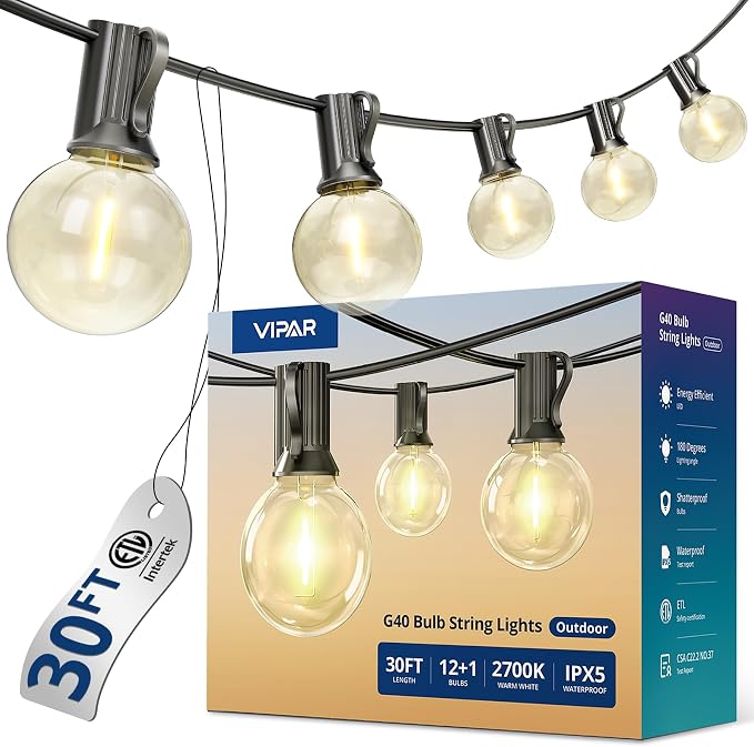 VIPAR Outdoor String Lights,30FT 13 G40 Patio Lights Waterproof for Balcony | Vintage LED Edison Bulbs,Connectable, Shatterproof,Waterproof,2700K Dimmable,Plug-in,for Backyard Porch Garden Deck Bistro