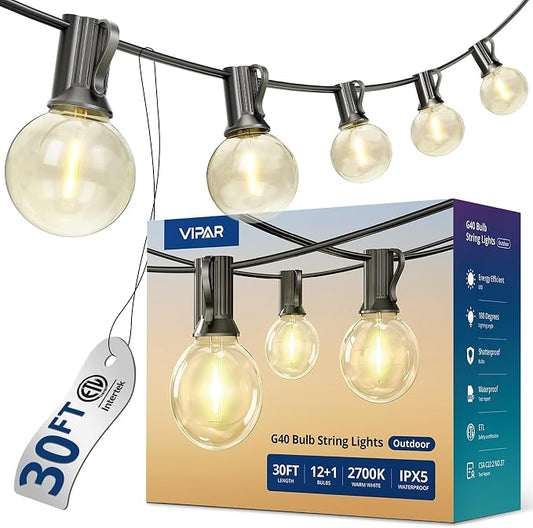 VIPAR Outdoor String Lights,30FT 13 G40 Patio Lights Waterproof for Balcony | Vintage LED Edison Bulbs,Connectable, Shatterproof,Waterproof,2700K Dimmable,Plug-in,for Backyard Porch Garden Deck Bistro
