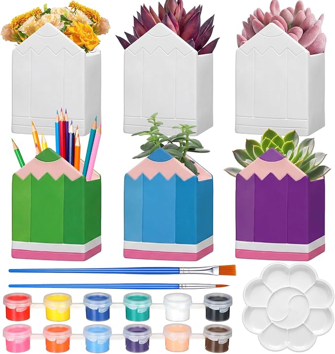 Beeveer 6 Sets Paint Your Own Succulent Planter Ceramic Mini Unpainted Flower Pots Back to School DIY Paintable Succulent Plant Pots for Kids Student Classroom Craft Project Activity