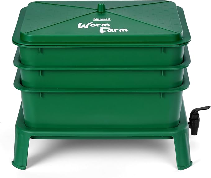 Blütezeit 3-Tray Worm Composter, 32QT Worm Farm with Compost Worms Starter Kit for Indoor & Outdoor, Worm Composting Bin for Recycling Food Waste (Green)