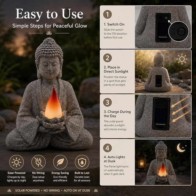 olar Garden Buddha Statue with Lotus Flame Light, Zen Resin Outdoor Decorations for Patio Yard Lawn Porch, Meditation Garden Decor Gifts for Housewarming Mom Women
