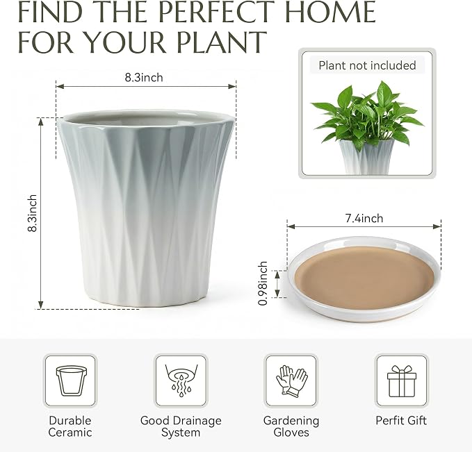 8.3 Inch Ceramic pots for Plants with Saucer Drainage Leak-Proof Mesh, Round Plant Pot with Gardening Gloves for Indoor Outdoor Plants (Rippled Grey)