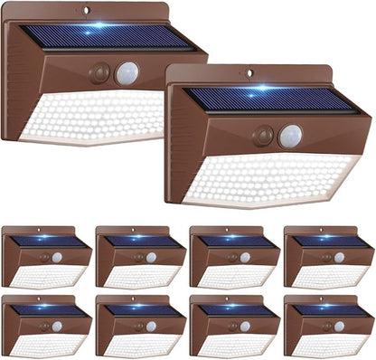 Peasur Solar Lights Outdoor Motion Sensor [10 Packs] Security Light with 3 Lighting Modes Wall Lights Waterproof Solar Powered Lights for Garden Fence Yard, Brown