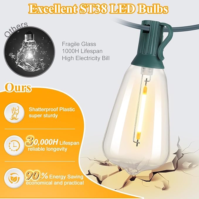 Brightever LED Outdoor String Lights 100FT with 52 Shatterproof ST38 Vintage Edison Bulbs, Outside Hanging Lights Waterproof for Patio, Porch, Deck, Garden, Backyard, Balcony, Green Wire
