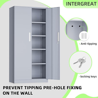 INTERGREAT Metal Storage Cabinet, 72" Locking Steel Cabinets with 2 Door and 4 Adjustable Shelves, Tall Metal Cabinet for Home Office, Garage, Warehouse,(Cement)