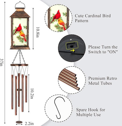 YHmall Cardinal Wind Chimes for Outside, 37" Hanging Memorial Solar Wind Chimes for Outside, Solar Lantern Christmas Cardinal Gifts for Women Mom Windchimes Outdoors for Patio Garden Decor Birthday