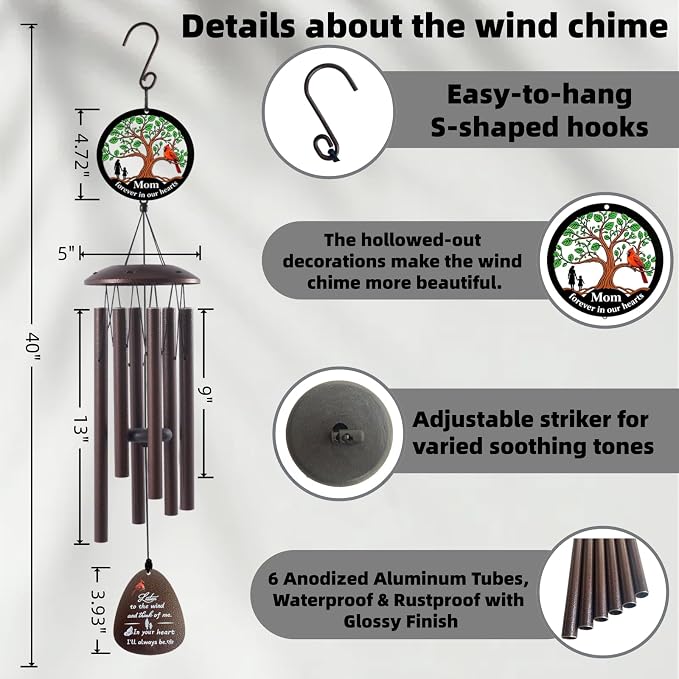 40" Memorial Wind Chimes for Loss of Mother, Memorial Gifts for Loss of Mom, Tree Holds Mother’s Love, Cardinal Carries Longing, Silhouette Captures Mother-Daughter Time, Cardinal Wind Chime