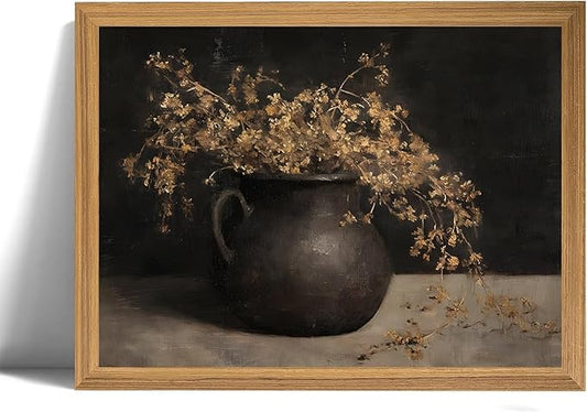 Vintage Dark Floral Wall Art 8x10 Framed Canvas, Moody Rustic Farmhouse Autumn Botanical Painting, French Country Cottage Wall Decor for Bathroom Bedroom Living Room