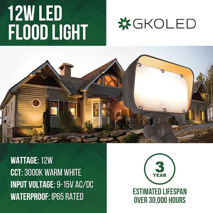 GKOLED 12W LED Flood Lights Outdoor, Aluminum Low Voltage Security Lights, Knuckle Mount Waterproof Wall Light, Landscape Lighting for Yard House Garden Garage, 9-15V, 800 Lumen, 3000K, Brown