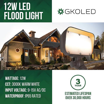GKOLED 12W LED Flood Lights Outdoor, Aluminum Low Voltage Security Lights, Knuckle Mount Waterproof Wall Light, Landscape Lighting for Yard House Garden Garage, 9-15V, 800 Lumen, 3000K, Brown