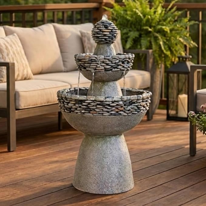 Teamson Home 36.5 in. Outdoor 3-Tier Zen-Style Pedestal Water Fountain in. with Stone Trim with Pump and 2.64 Gallon Capacity, Stone Gray | 3-Tier Garden Fountain, Stone Look, With Pump, Pedestal Waterfall Feature