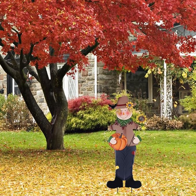 YEAHOME Fall Decorations Outdoor, Metal Boy Scarecrow Garden Stakes with Pumpkin & Sunflower for Fall Decor, Scarecrow Yard Signs for Outside Garden Lawn Porch Thanksgiving Decorations Outdoor