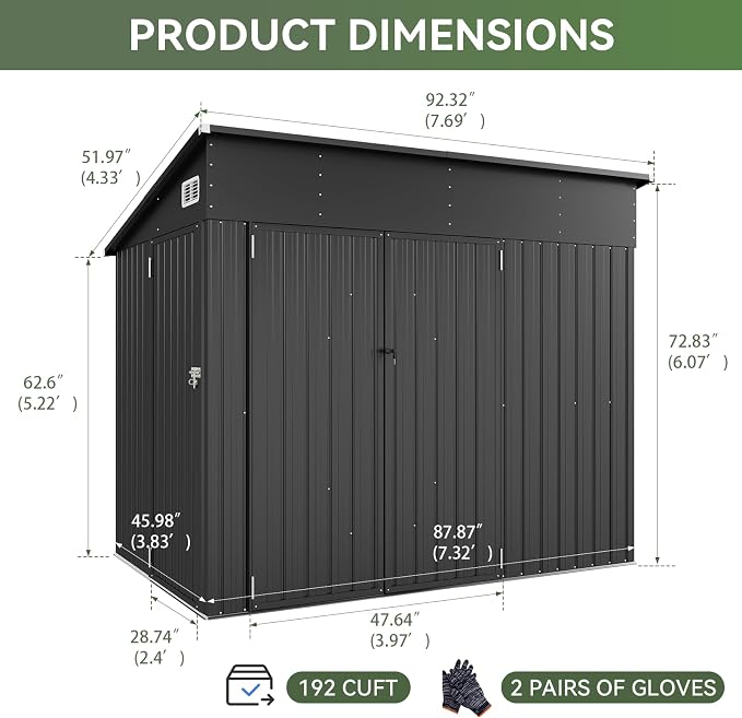7.5'x4' Outdoor Shed with 3-Lockable Door Black | Heavy-Duty Galvanized Metal Garden Storage for Bikes, Tools, Garden, Patio