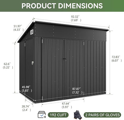 7.5'x4' Outdoor Shed with 3-Lockable Door Black | Heavy-Duty Galvanized Metal Garden Storage for Bikes, Tools, Garden, Patio