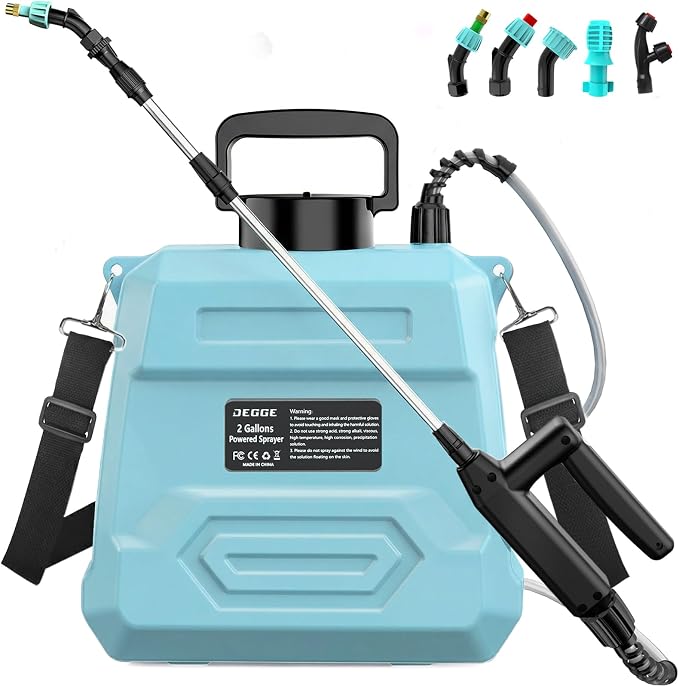 DEGGE Battery Powered Sprayer 2 Gallon, 7.4V Powerful Electric Pump Sprayer, Weed Killer Sprayers with Rechargeable Handle & 5 Mist Nozzles & Retractable Wand & Adjustable Strap for Lawn, Garden, Yard
