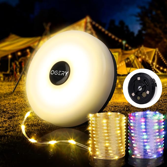 OGERY Camping String Lights, 4 in 1 Quick Storage 32.8FT Rechargeable Indoor Outdoor Fairy String Lights with 8 Lighting Modes, Hanging Portable LED Lamp for Christmas Decor Patio Party Essentials