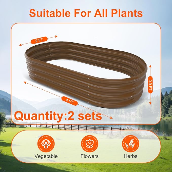Rakukiri Raised Garden Bed Outdoor, GRS Certified Recycled Metal Planter Box 2 Sets, 4FT Galvanized Oval Herb Garden Kit, Bottomless Large Garden Beds for Vegetables Flowers, Rust-Resistant Brown