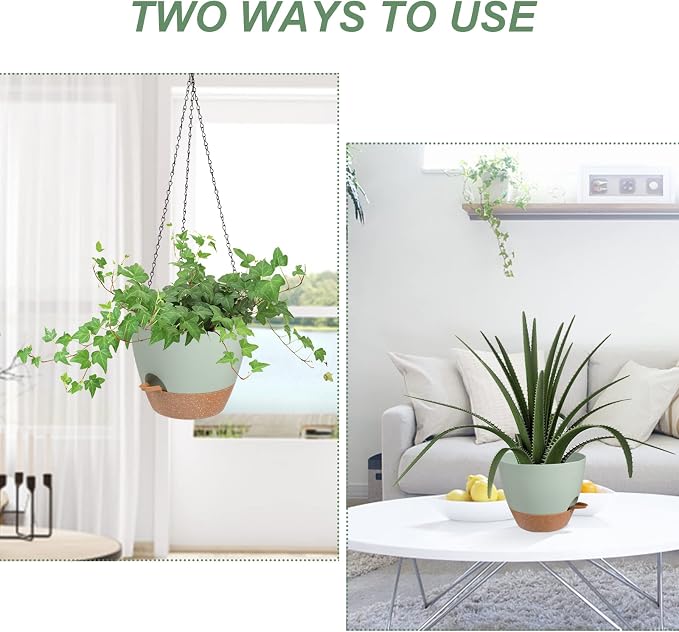 Vanslogreen Hanging Planters for Indoor Outdoor Plants, 2 Pack Self Watering Hanging Pot with Drainage Holes & Removable Tray (Green, 8'')
