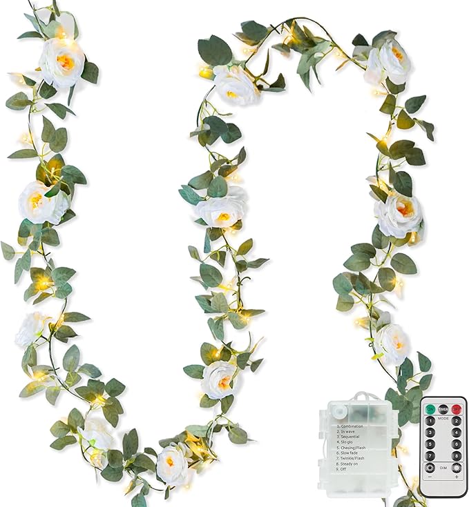 suddus Flower Garland with White Camellia Fairy Lights Indoor, 60 LED Vines String Lights Battery Operated with Remote, Artificial Fake Flowers Leaf Lights for Wedding,Bedroom,Centerpieces,Arch Decor