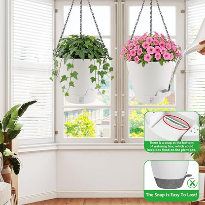 8 Inch Hanging Planters Indoor Outdoor, 3 Pack Plastic Self Watering Plant Pots with Drainage Holes & Saucers, Hanging Baskets Flower Pots with Chain for Ivy, Spider Plant, Pothos, Ferns