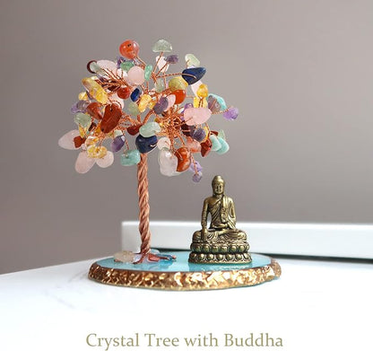 Buddha Statue with Healing Crystal Tree, Tree of Life for Positive Energy. Home Decor Yoga Meditation.7 Chakra.(C)