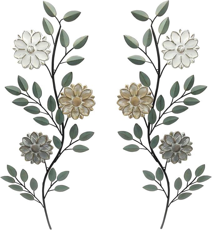 MorningRo 2 Pcs Metal Flower Leaves Wall Art Spring Wall Decor Living Room, 15.75 Inch Vintage Rustic Branch Leaf Wrought Iron Scroll Art Decor for Summer Bedroom Indoor Outdoor Decorations(Green)