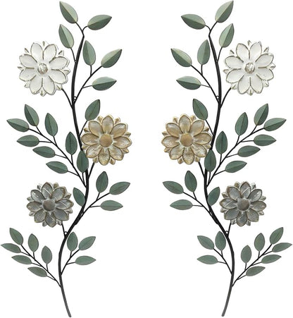 MorningRo 2 Pcs Metal Flower Leaves Wall Art Spring Wall Decor Living Room, 15.75 Inch Vintage Rustic Branch Leaf Wrought Iron Scroll Art Decor for Summer Bedroom Indoor Outdoor Decorations(Green)